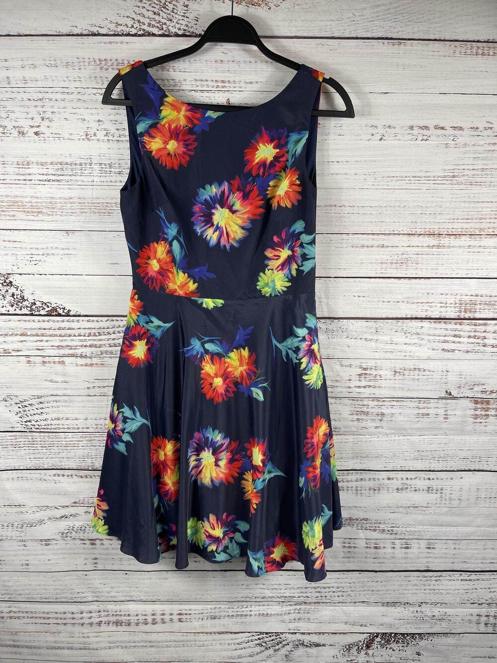 Betsey Johnson Dress Womens 6 Navy Multicolor Floral Fit Flare V Back Knee Party
